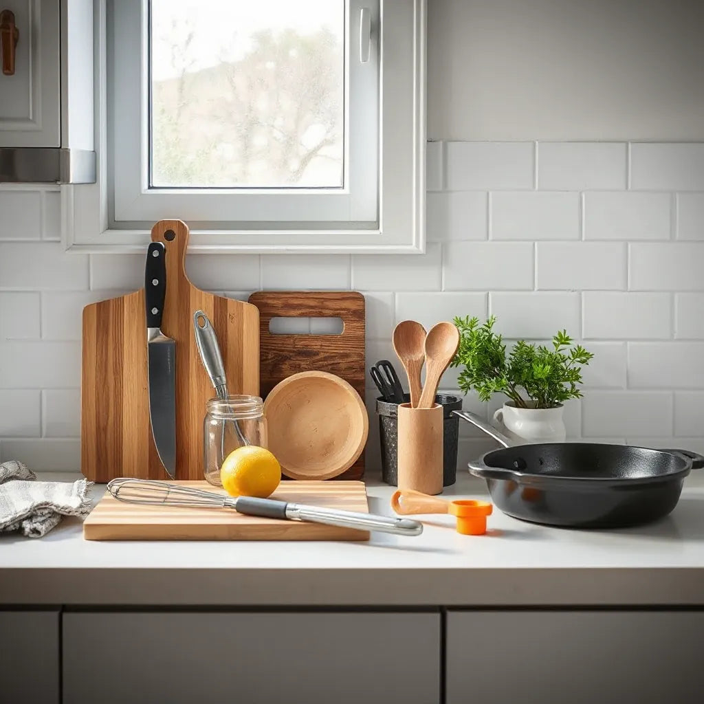 Assorted essential home cooking tools arranged on a bright kitchen countertop.