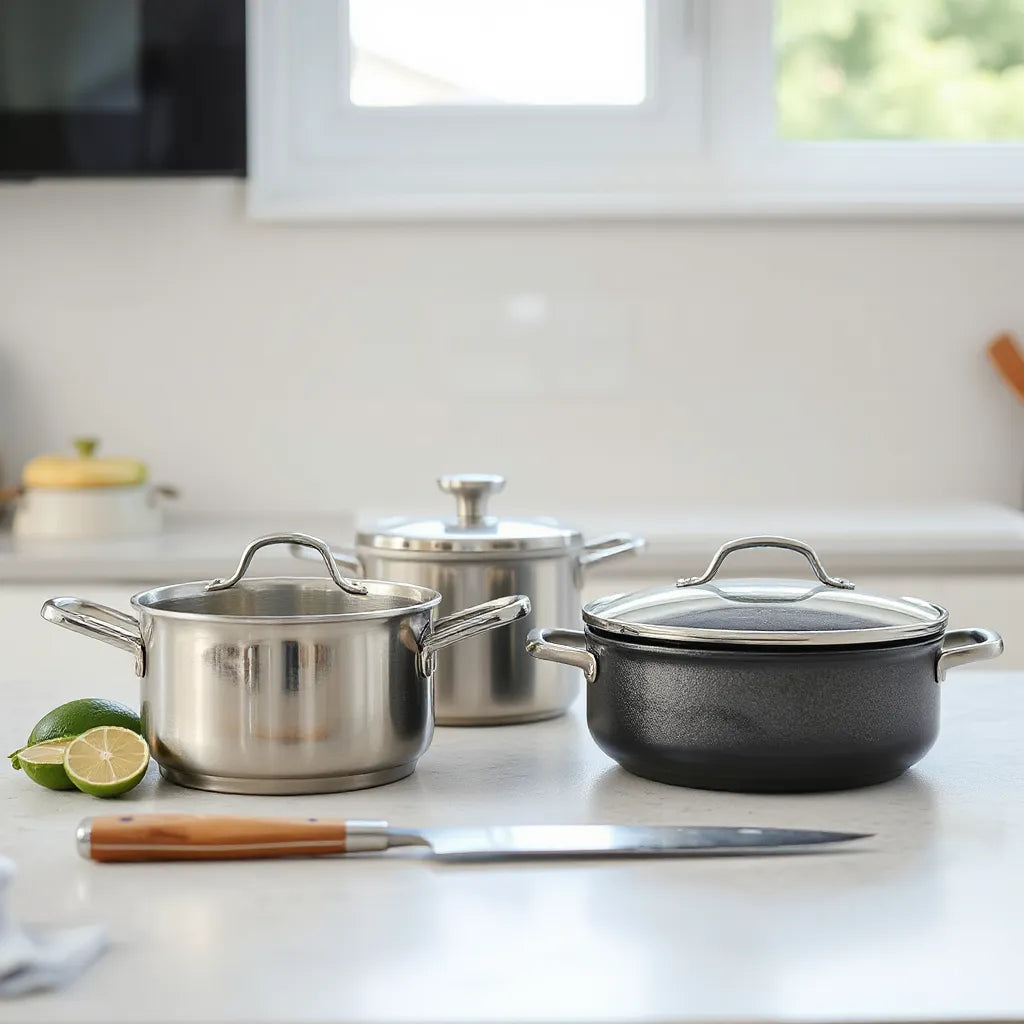 Modern stainless and nonstick pots and pans arranged neatly on a kitchen countertop