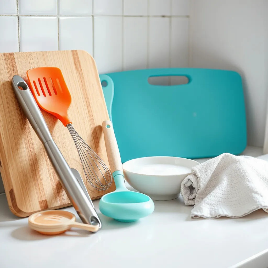 Assorted silicone and stainless kitchen tools with a microfiber cloth and soapy water on a clean countertop