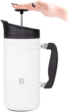 BruTrek Basecamp Coffee Press - Double Wall Vacuum Insulated Stainless Steel - Bru-Stop Technology, No Grounds in Coffee, No Spill Lid (Snowflake White, 48 fl.oz)