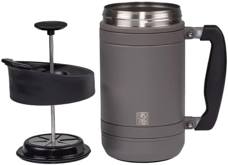 BruTrek Basecamp Coffee Press - Double Wall Vacuum Insulated Stainless Steel - Bru-Stop Technology, No Grounds in Coffee, No Spill Lid (Storm Gray, 32 fl.oz)