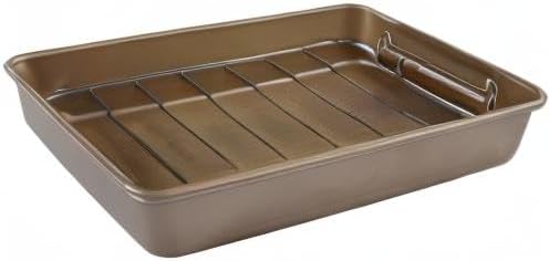 KitCom Bakeware Nonstick Carbon Steel Roaster with Flat Rack and V-Rack, 0.8MM Thickness Textured Base, Champagne Gold