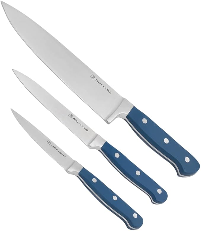 DURA LIVING 3-Piece Kitchen Knife Set – Ultra-Sharp Forged High Carbon Stainless Steel, 8" Chef, 5" Utility, 3.5" Paring Knives, Ergonomic Handles, Professional Starter Set, Royal Blue