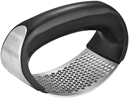Angel's Peel Lounge Stainless Steel Garlic Press Rocker Set with Silicone Garlic Peeler & Cleaning Brush – Garlic Chopper, Mincer, Grater, Crusher – Easy for Crushed Cloves – Rust-Resistant, Black