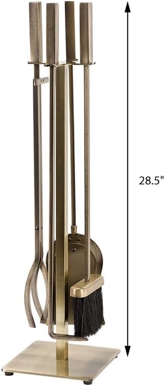 Modern Ember Harriet 5 Piece Fireplace Tool Set in Aged Brass | Includes Brush, Shovel, Fire Poker, Tongs, and Stand | Heavy-Duty Steel | Heat-Resistant Powder Coating Finish