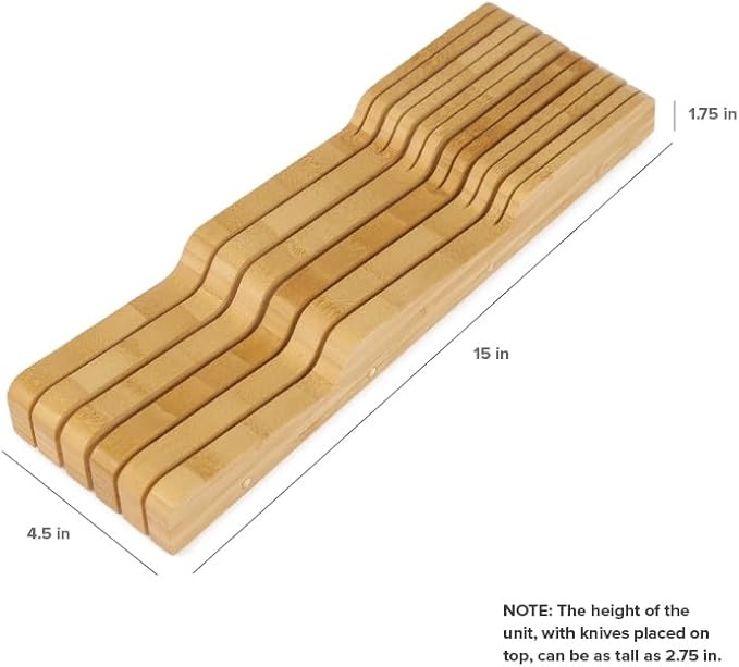KitchenEdge Bamboo Kitchen Knife Block Holder Organizer - Holds 5 Long + 6 Short Knives (Not Included), Fits Most Knife Sizes, Rubber Feet, Sustainable Bamboo, In-Drawer Design