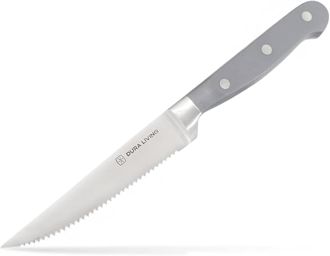 DURA LIVING Premium 4-Piece Steak Knife Set – Sharp Serrated Blades, Forged High Carbon Stainless Steel, Full Tang, Ergonomic Handle, Elegant Gray Finish – Ideal for Dining & Entertaining