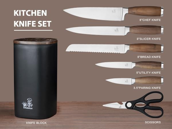 Knife Block Set（Walnut handle）, 7-Piece Black Kitchen Knife Set for Home, Anti-Rust Non-stick Stainless Steel Sharp Chef Knife Set with Universal Knife Block for Kitchen, Ergonomical Design (Black)