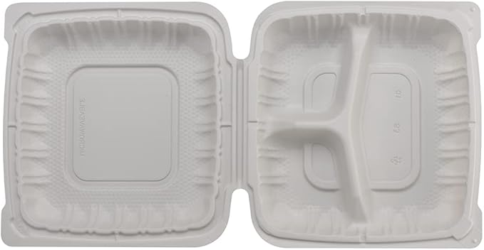 TIYA Clamshell Food Containers - White Bulk 150 Pack, 8x8 in - 3-Compartment To-Go Containers - Microwavable Plastic with Hinged Lid - Great for Meal Prep - BPA-Free
