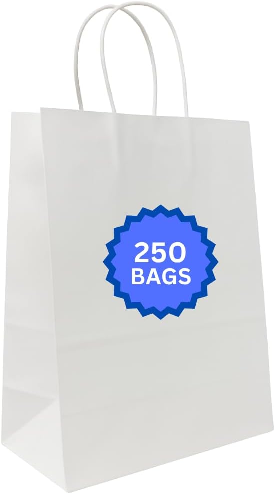 ASSUREPAK White Paper Bags - 250 Bags - 13"x7"x17" - 74 LB Weight basis (110 GSM strong) Twisted Handle - Gift Bags for Decorating, Birthdays & Events - 13717WHITEPAPTHDL