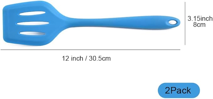 2Pack Small Silicone Turner High Heat Resistant Slotted Spatula for Fish, Eggs, Pancakes and More (12 IN, Black)