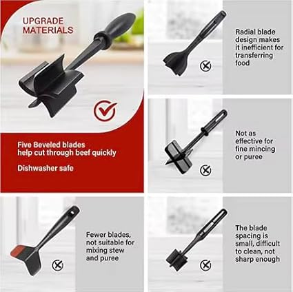 Meat Chopper, Hamburger Grinder, Premium Heat Resistant Smasher for Ground Beef, Burger Grinder Nylon Potato Mix Tool, Meat & Poultry Tenderizers, Non Stick, (Black)