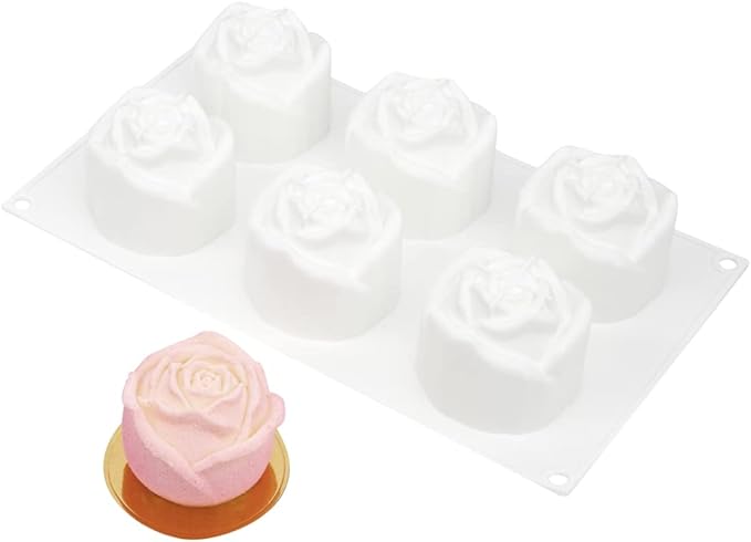 Pastry Tek 6 Cavities Rose Baking Molds, 10 Oven-Ready 3D Rose Molds - Flexible, Freezable, White Silicone Chocolate Molds, Easy Release, For Making Candies or Chocolates - Restaurantware