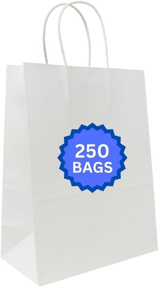 ASSUREPAK DIY Paper Bags - 250 units - White Color - 10"x5"x13"- 60LB (90 GSM strong) - Twisted Handle Recyclable Bags for Kids Drawing, Decorating and Creative Projects - 10513WHITEPAPTHDL