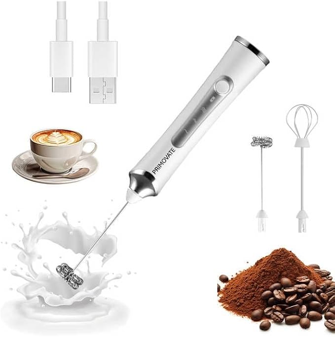 Rechargable Milk Frother, Handheld Drink Mixer with Whisk Attachment, 2025 upgraded, powerfull 3 speed motor, Type C charging with charge light, with extra egg mix head (White with Stand)