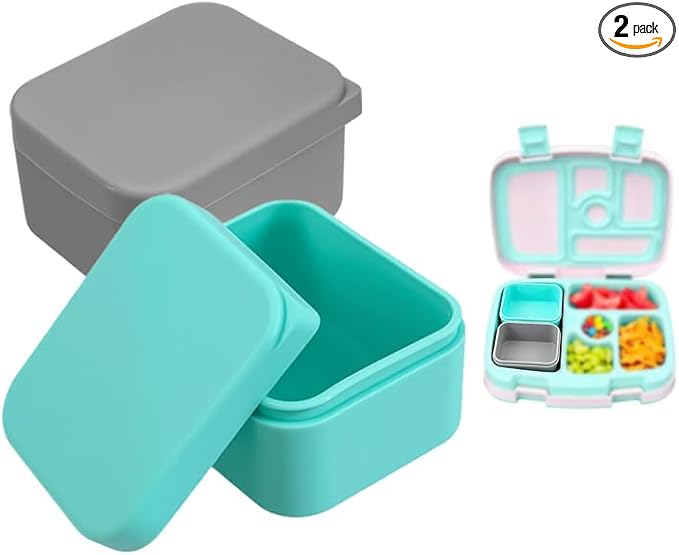 Silicone Inserts Compatible with Bentgo Box Accessories,Salad Containers Compatible with Bentgo Kids Lunch Box Inserts,Leak-Proof and Reusable Condiment Cups with Lids,Grey&Green,2Packs
