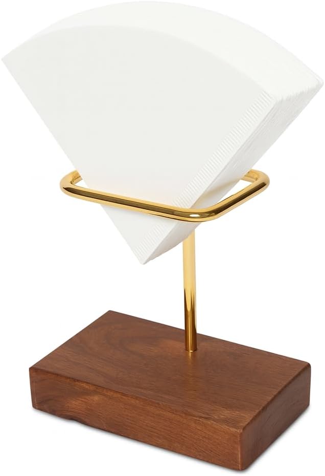 V60 01/02 Coffee Filter Holder Stand - Brass Tube & Walnut Wood Base - Pour Over Drip Accessory for Bar Counter | ASMR Coffee Station Gift for Coffee Lovers | Thanksgiving Table Decor