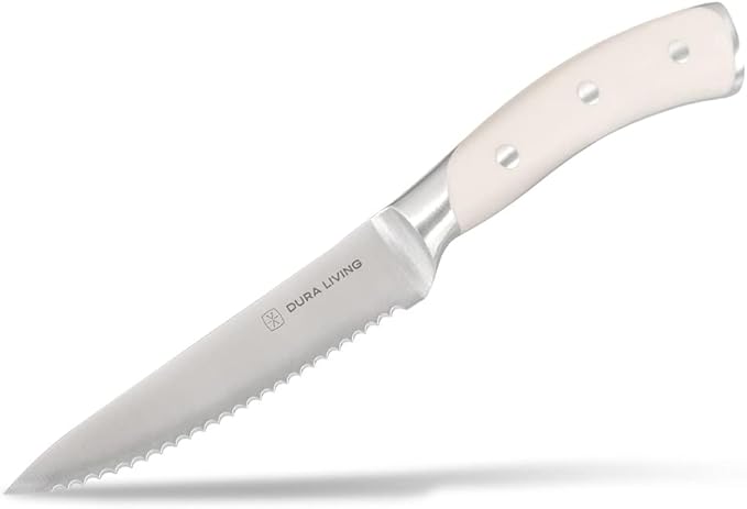 DURA LIVING 8-Piece Serrated Kitchen Steak Knife Set – Forged High Carbon Stainless Steel, Ultra Sharp, Ergonomic Black Handles, Durable Dinner Knives, Cream Handle