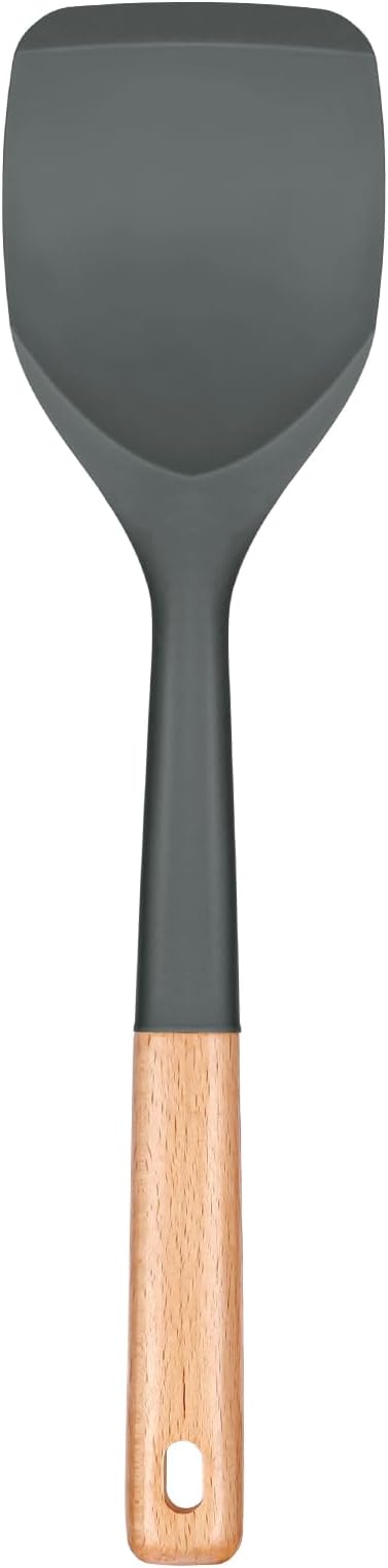 Nonstick Silicone Spatula, Non Scratch Flexible Edge for Pans, Slip Resistant comfortable Wooden Handle, Heat Resistant BPA-Free Kitchen Spatulas for Cooking, 13.2 Inch, Grey