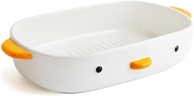 PURROOM Cute Duck Baking Dish, Ceramic Casserole Dish, White Porcelain Pie Pan, 10x7 in Medium Baking Pan with Handles, Oven Safe & Durable Bakeware for Lasagna.