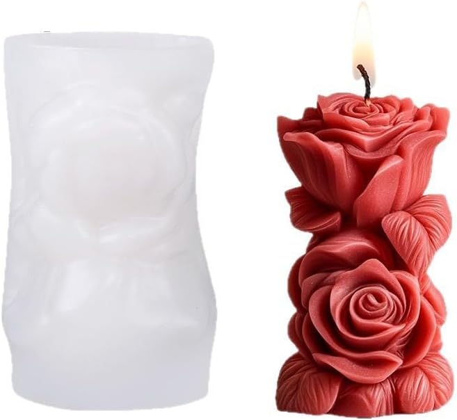 Floral Column Candle Mold with 50pcs Wax Core, Aroma Candle DIY Mold, Handmade Candle Making Supplies, Romantic Scented Candle Silicone Mold Valentine's Day, Personalized Romantic Crafts(A-Flower)