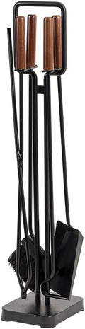 Modern Ember Levi 5 Piece Fireplace Tool Set in Black with Maple Wood Handles | Includes Brush, Shovel, Fire Poker, Tongs, and Stand | Heavy-Duty Steel | Heat-Resistant Powder Coating