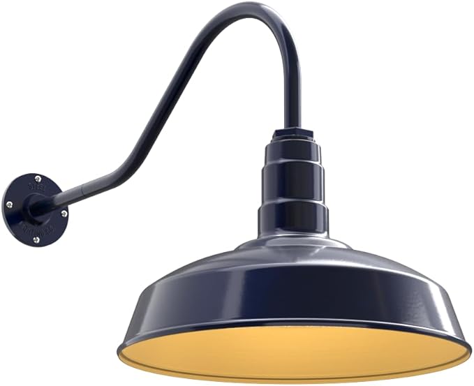 Steel Lighting Co. Gardena Barn Light | Outdoor Wall Mounted | 16" Dome | 23" Gooseneck | Farmhouse Light Made in America | Navy Blue Exterior/Brass Interior
