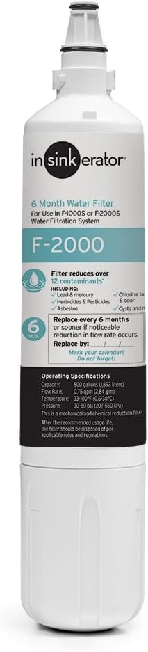 INSINKERATOR F-2000 Under Sink Water Filter Replacement Cartridge for INSINKERATOR Water Filtration System, VOCs and Lead Filter
