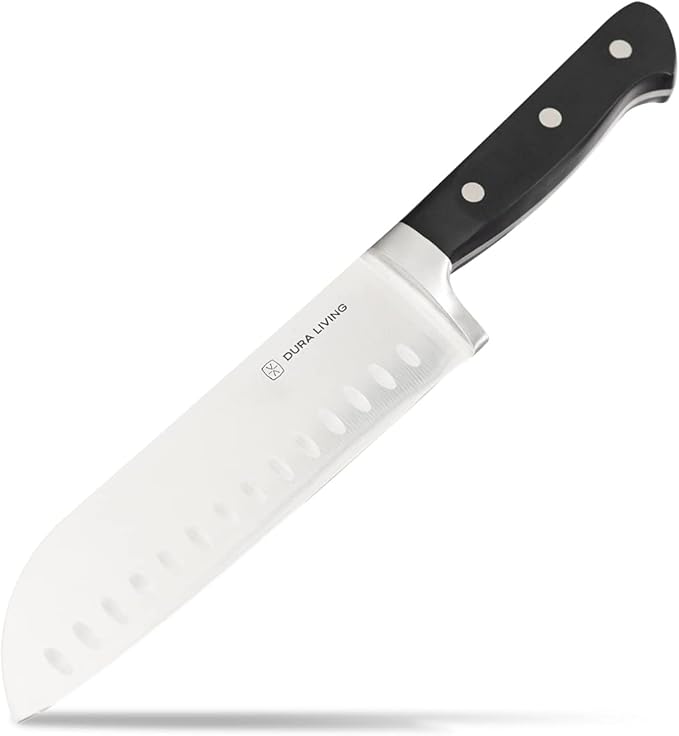 DURA LIVING 7-Inch Santoku Knife - Razor-Sharp High-Carbon Stainless Steel Blade, Forged Ergonomic Riveted Handle, Chef Knife for Chopping, Slicing & Dicing, Multipurpose Kitchen Knife, Home Chef