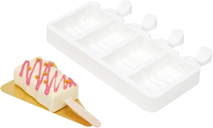 Pastry Tek 4 Cavities Popsicle Mold, 1 Rectangle Cakesicle Mold - Flexible, Freezable, White Silicone Cake Popsicle Mold, Easy Release, For Baking - Restaurantware