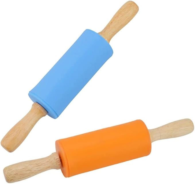 Mini Silicone Rolling Pin for Kids, Non-stick Surface Wood Handle, 9 Inch 2 Pack