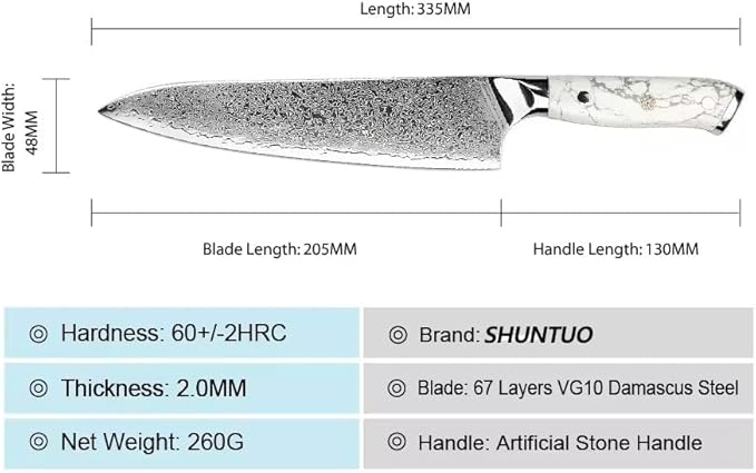 VG-10 Damascus Chef Knife – 8 Inch Japanese Kitchen Knife with 67-Layer Steel, Ultra-Sharp Blade, Ergonomic White Turquoise Handle, Gift Box Included
