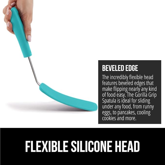 GORILLA GRIP Patented BPA-Free Non-Scratch Spatula, 2 Pack, Heat Resistant Flexible Silicone Head for Nonstick Cooking Pans, Soft Rubber Handle, Kitchen Spatulas for Flipping Eggs, Pancakes, Turquoise