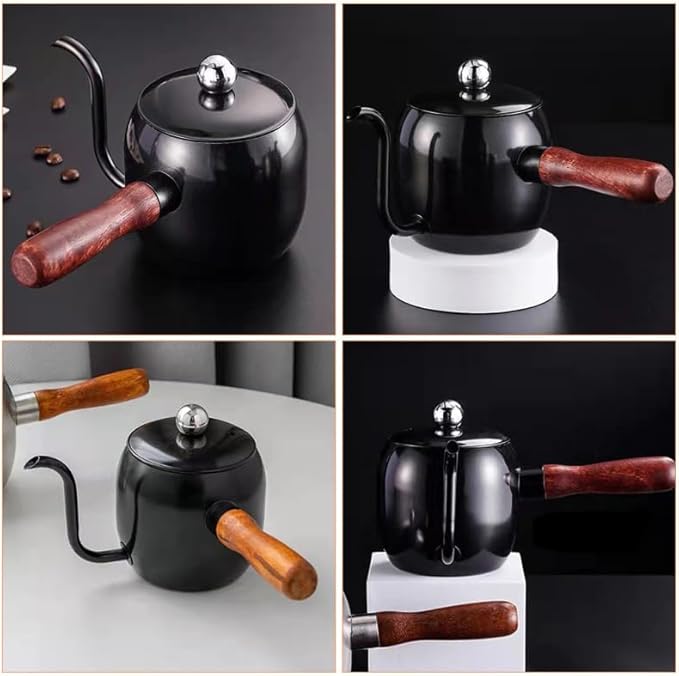 STOBOK 1Pc Japanese Style Gooseneck Coffee Kettle, 500ml Stainless Steel Drip Pot with Wooden Handle for Home, Office, Coffee Shop, Black