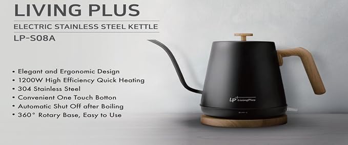 Modern Electric Gooseneck inner Stainless Steel Kettle, 1200W Quick Heating, One touch, Auto Shut off with Elegant Wood Grain design 800ML (Black)