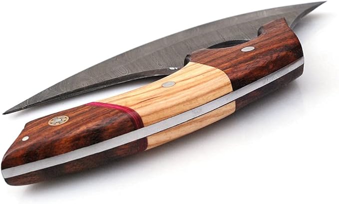 Bushcraft Custom Handmade Damascus Steel Ulu Knife - Alaskan Ulu Knife With Sheath - Multi-Purpose Alloy Steel Knife For Skinning, Hunting, Chopping, (Rose Wood & Olive)