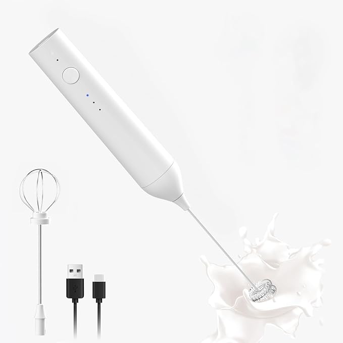 Rechargeable Milk Frother by ELMWAY, 3 Speed Electric Milk Frother Handled with Wand and Egg Whisk Attachments, for Coffee, Matcha and Protein Powder (White without Stand)