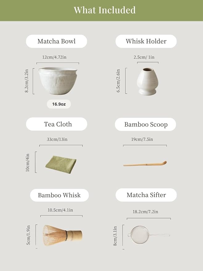 6-pcs Japanese Matcha Whisk Set with Handmade Wabi-Sabi Ceramic Bowl(Chawan),Bamboo Chasen, Whisk Holder, Scoop, Sifter & Tea Towel,Matcha Ceremony Kit,(Light Veil Gray)
