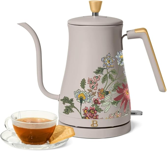 Beautiful 1L Electric Gooseneck Kettle, Precision Pour Spout, 1200W Fast Boil, Auto Shut-Off, Cordless, Stainless Steel, Tea & Coffee Maker with Ergonomic Handle, Wildflower Porcini Taupe