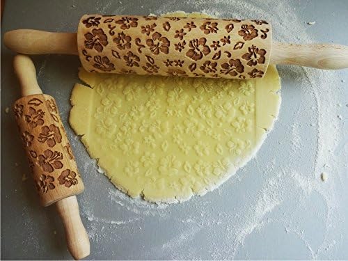 Rolling pin HIBISCUS. Wooden embossing rolling pin with Oriental flowers. Embossed cookies. Pottery. Birthday gift. Gift for mother
