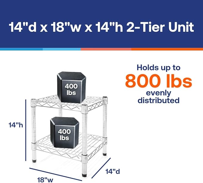 Shelving Inc. 14" d x 18" w Chrome Wire Shelving with 2 Tier Shelves, Weight Capacity 800lbs Per Shelf