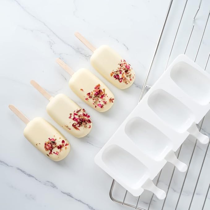 Pastry Tek 4 Cavities Popsicle Mold, 1 Round Cakesicle Mold - Flexible, Freezable, White Silicone Cake Popsicle Mold, Easy Release, For Baking - Restaurantware