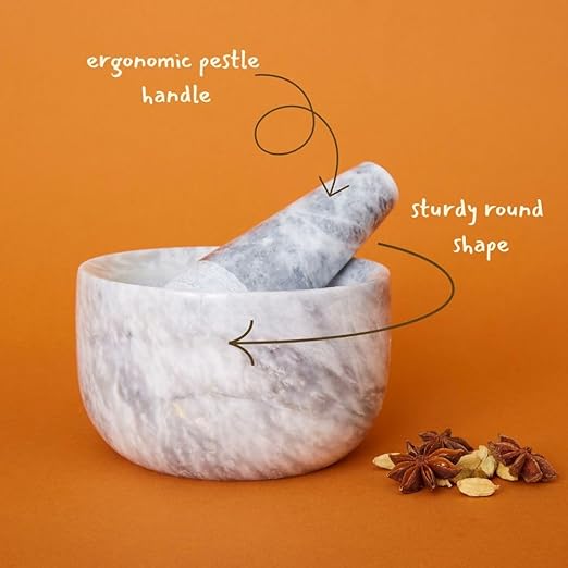 Kitchen Utensils & Gadgets, Seasoning & Spice Tools, Mortar Pestle Set, Grinder for Spices and Herbs, Kitchen Countertop, Small Spaces, Aesthetic, Sturdy, Round, 5" Wide, Gray White Marble Stone