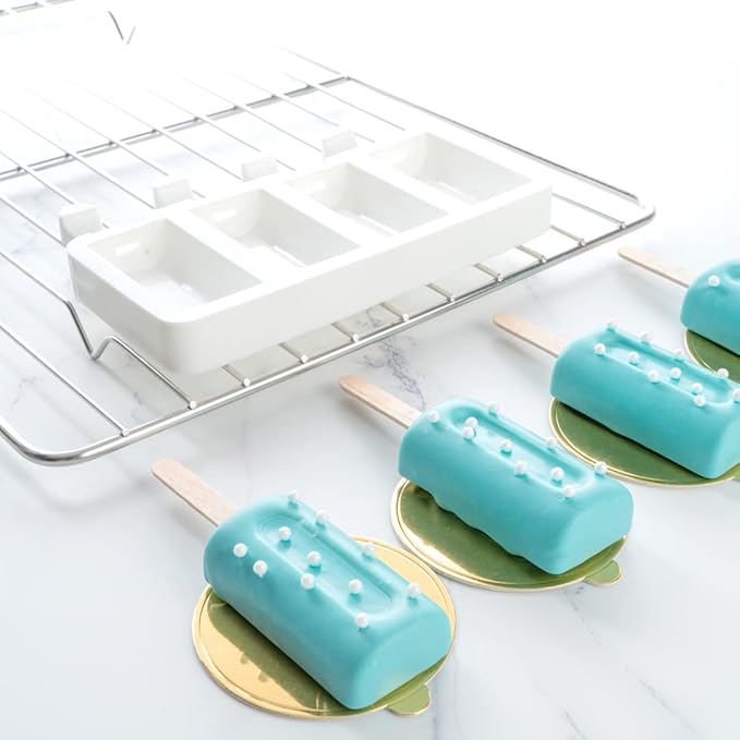 Pastry Tek 4 Cavities Popsicle Mold, 1 Cylinder Cakesicle Mold - Flexible, Freezable, White Silicone Cake Popsicle Mold, Easy Release, For Baking - Restaurantware