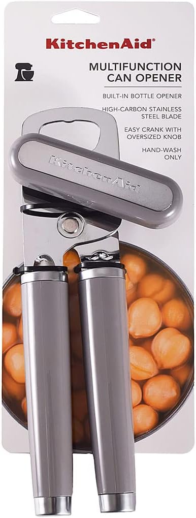 KitchenAid Classic Multifunction Can Opener and Bottle Opener Easy to Use, Razor Sharp Stainless Steel Cutting Wheel, Soft Ergonomic Handles, Gray