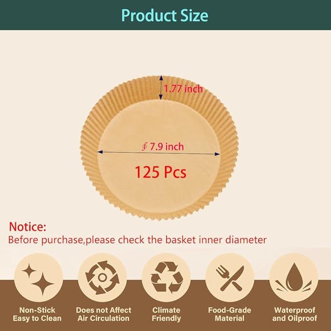 parchment paper for air fryer, 7.9inch round air fryer liners disposable,125PCS Non-stick parchment paper sheets for 5-8QT airfryer liners, Baking, Roasting Microwave