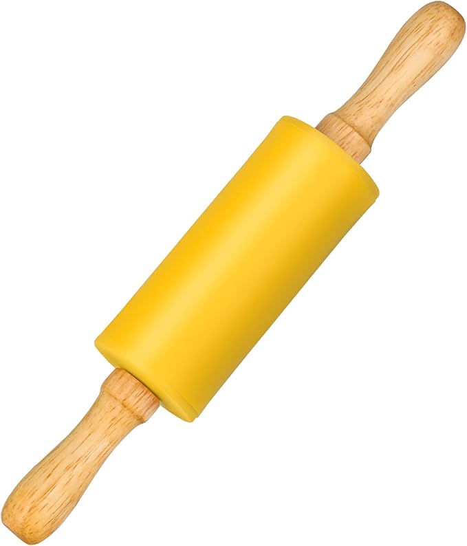 Mini Silicone Rolling Pin for Kids, Non-stick Surface Wood Handle, 9 Inch 1 Pack Yellow