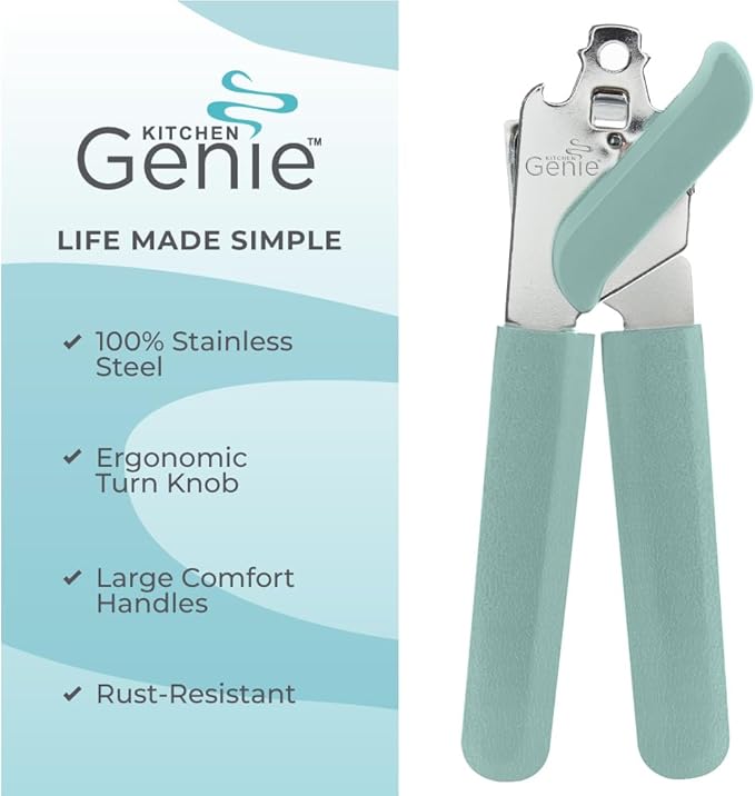 Kitchen Genie Heavy Duty Stainless Steel Manual Can Opener, Strong Blade for Smooth Edge Cuts, Open Cans Easily, Slip-Resistant Ergonomic Handle, Easy Turn Knob, Bottle Openers Included, Mint