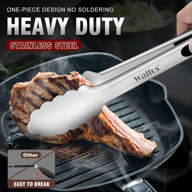 Walfos Kitchen Small Tongs - 7 inch Heavy Duty Mini Food Tongs, Stainless Steel and Non-Slip Heat Resistant Handle - Great for Cooking, Salad, Grilling and Barbecue，3 Piece