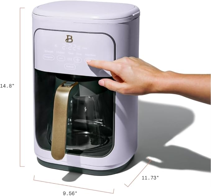 Beautiful by Drew Barrymore 14-Cup Programmable Drip Coffee Maker, Touch-Activated Display, Fast 14-Min Brew, Bold Strength, Keep Warm 4hrs, Gold Filter (Lavender)